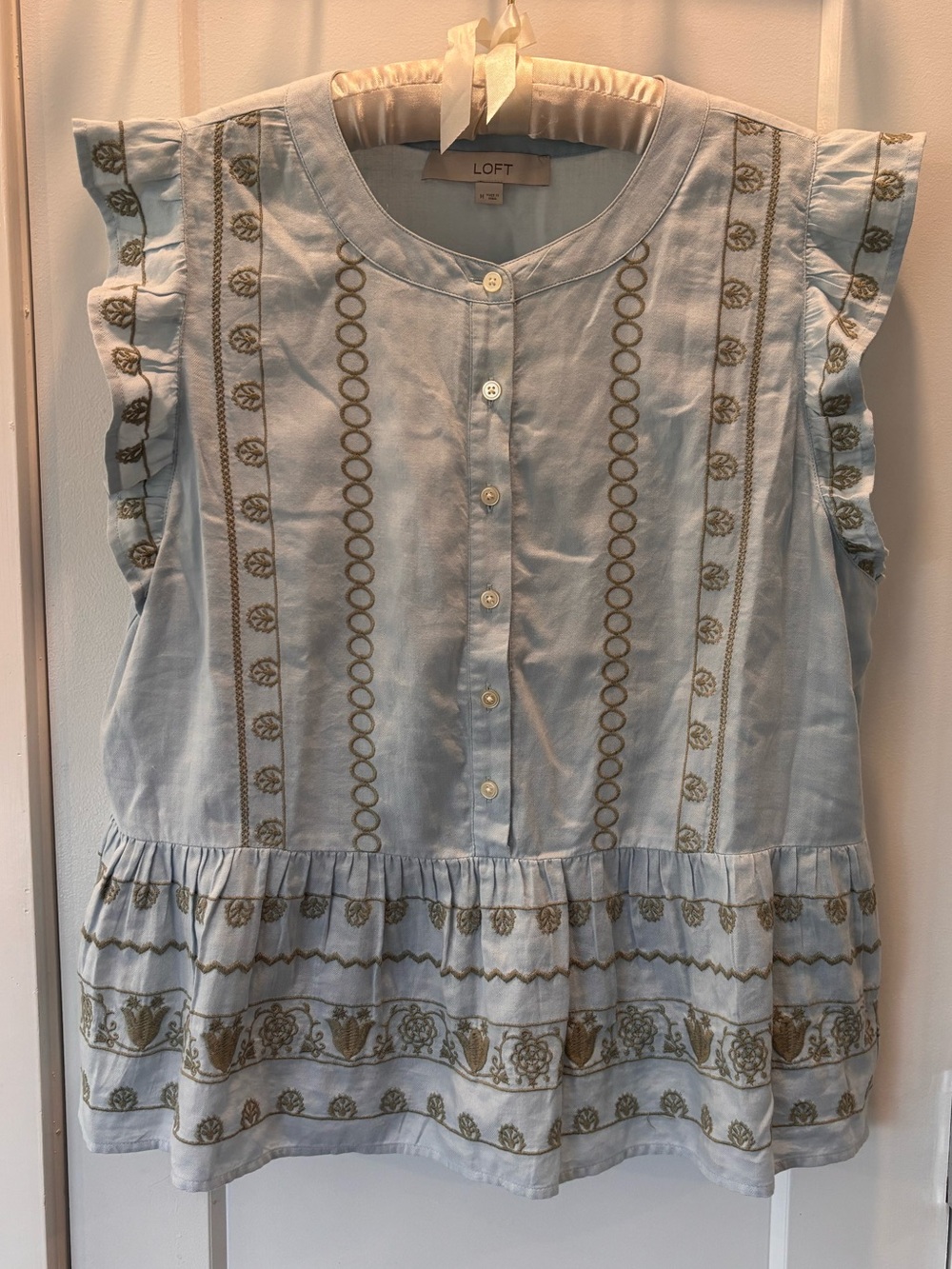 LOFT Light Blue Embroidered Babydoll Button Up Ruffle-Sleeve Women's Top - Picture 3 of 7